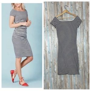 Boden 4 Navy Stripe Off Shoulder Stretch Knit Fitted Bodycon Sheath Dress Preppy